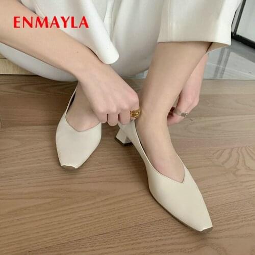 ENMAYLA 2020 Wedding Shoes Basic Square Heel Elegant Genuine Leather Square Toe Slip-On Womens Shoes Office & Career Shoes 34-39