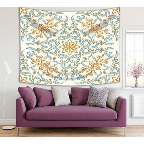 Tapestry Floral Pattern Ornate Vintage Design in Victorian Style Gold and Blue Classic Artwork Printed