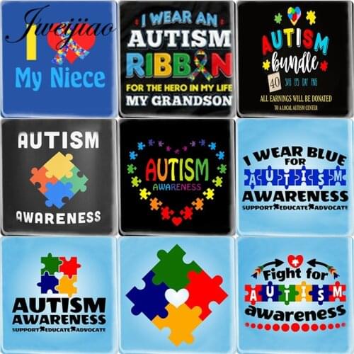 JWEIJIAO Autism Awareness Pattern Square Shape 12mm DIY Glass Cabochon DIABETES Emergency Medical Alert Jewelry Accessories