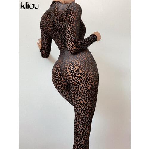 Kliou Mesh Leopard Jumpsuit Women Early Autumn Sexy Sheath Body-Shaping One Piece Clothing Long Sleeve Hot Midnight Clubwear