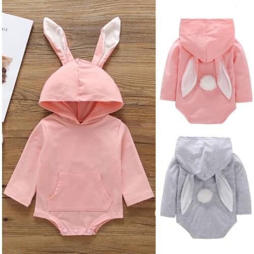 Spring Autumn Easter Summer Newborn Baby Kdis Girl Boy Hooded Rabbit Bodysuit Jumpsuit Casual Clothes Pink Gray Casual Outfits