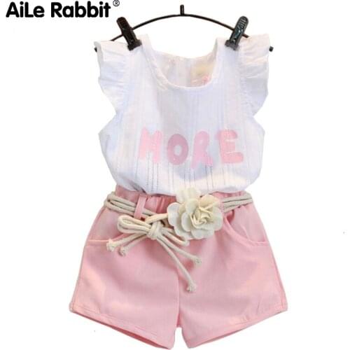 Summer Girls Fashion Set Letter MORE Flying Sleeve Top Shorts Belt 3 Piece Set Girl Clothes Set Cotton Apparel