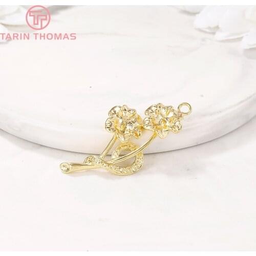 4PCS 19x39MM 24K Gold Color Plated Brass Flower Connector Charms Pendants High Quality Jewelry Accessories