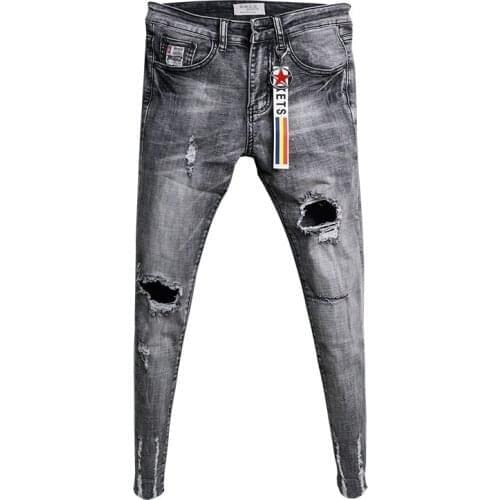 Wholesale 2021 Fashion Casual teenagers cowboy Korean trendy knee ripped hole skinny jeans mens raw edge fashion stretch pants