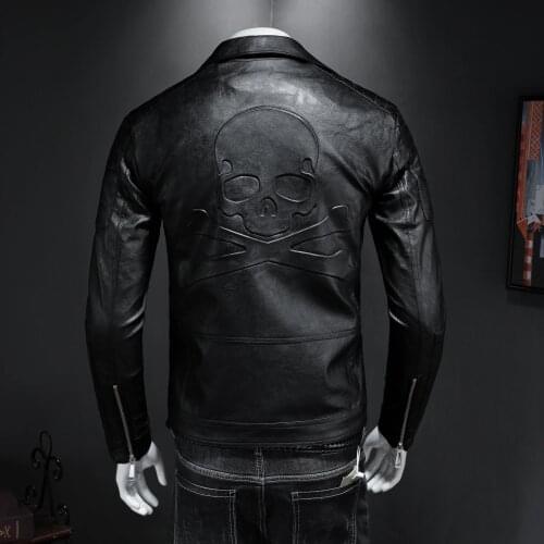 2019 new mens motorcycle leather jacket, boomer men slim lapels leather jacket skull punk style high quality