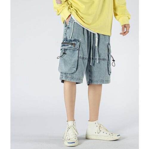 Classic Men`s Denim Cargo Shorts Drawstring Patchwork Multi-Pockets Loose Fit Hip Hop Printed Jeans Shorts Pants For Male