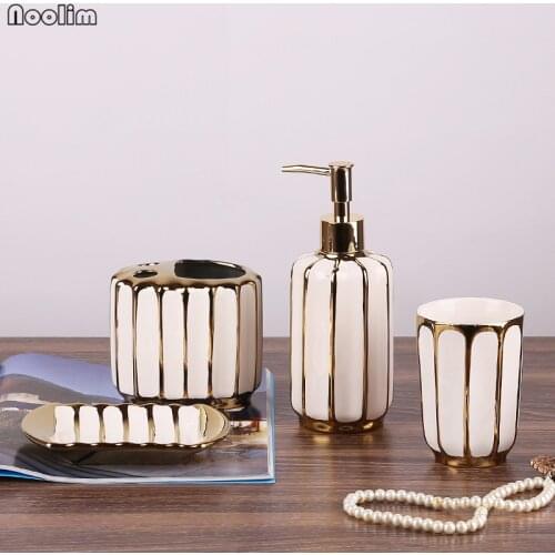 NOOLIM 4Pcs/set Gold-plated Bathroom Wash Set Nordic Toothbrush Holder Tumbler Liquid Soap Bottle Soap Dish Set Bathroom Supply