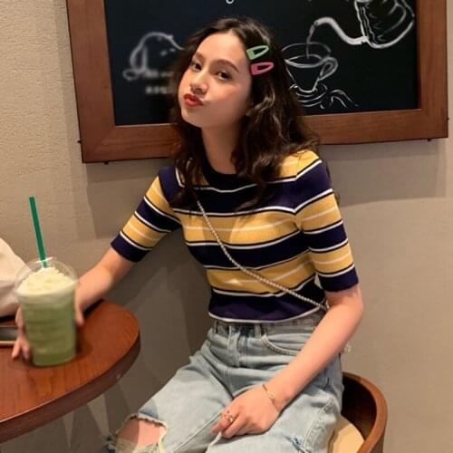 2020 New T Shirt Women Striped Tops Harajuku Tshirt Fashion Summer Short Sleeve Korean Punk Knit T-shirt Camiseta Feminina