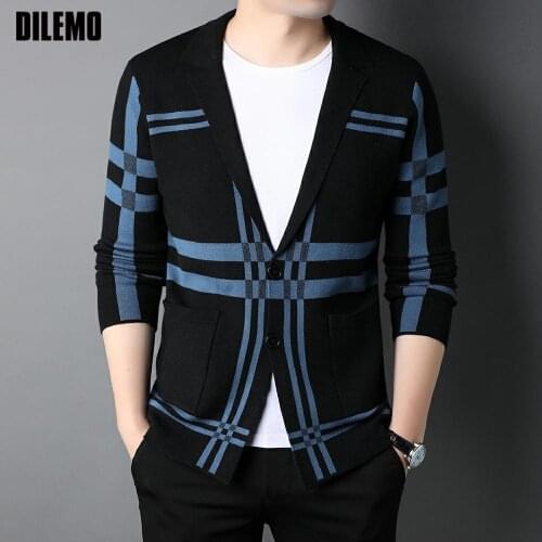 New Designer Luxury Brand Fashion Korean Knit Sweater Cardigan Men Casual Slim Fit Plaid Coats Jacket Autum Mens Clothes 2021