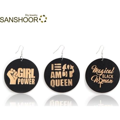 SANSHOOR Mixed Black Craved Girl Power Black Woman Queen African Wooden Drop Earrings for Women Christmas Gift 6Pairs