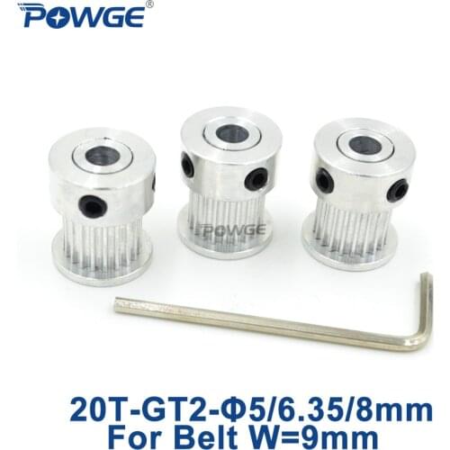 POWGE 3pcs 20 Teeth 2GT Timing Synchronous Pulley Bore 5/6/6.35/8mm for width 9/10mm 2M GT2 Belt Small Backlash 20T 20Teeth