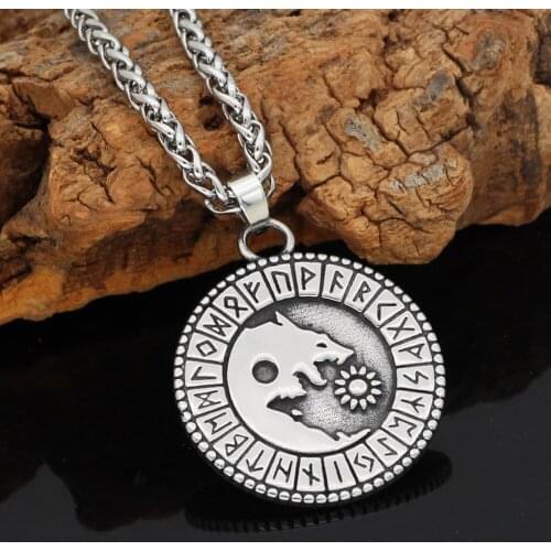 Nordic Viking Wolf Geri and Freki Rune Amulet Stainless Steel pendant necklace with Valknut Rune Gift Bag