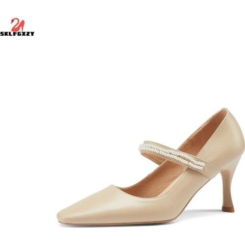 SKLFGXZY Ms. Genuine Leather Women Shoes High Heels Fashion Ankle Shoes Beads Cowhide Wedding Party Shoes Pumps