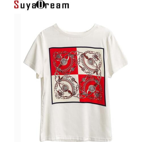 SuyaDream Women Graphic T Shirt 100%Silk and Cotton O Neck Short Sleeves Chic Shirt 2021 Spring Summer Black Silk Top