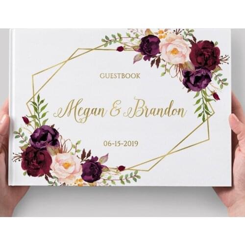 Wedding Guest Book Alternative Geometric Gold Wedding Guestbook Burgundy Floral Personalized Wedding Album Wedding Photo Sign