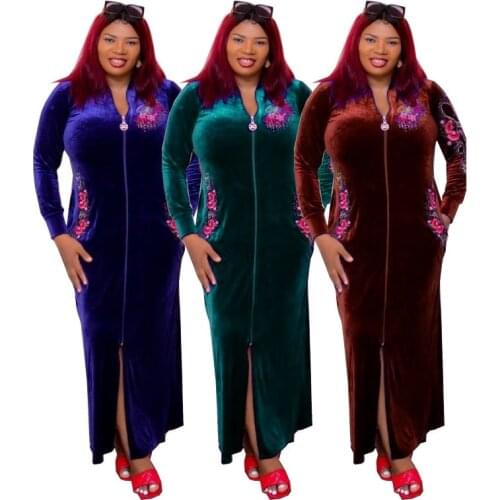 Tilapia Sexy Maxi Long Velvet Zipper African Dashiki Dress Solid Elastic Plus Size Vestidos for Party Travel