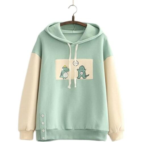 Fleece Warm Hooded Sweatshirt For Women Harajuku Graphic Cartoon Dinosaur Embroidery Casual Hoodies Women 2021 Winter Cute Top