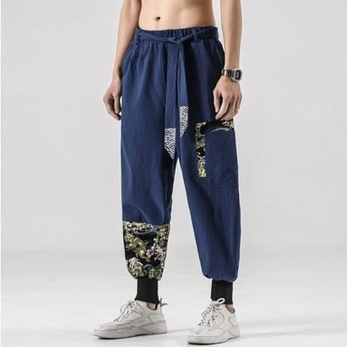 Chinese Style Traditional Clothing Pants For Men Fashion Oriental Japanese Kimono Casual Vintage Embroider Pants Trousers KK3607