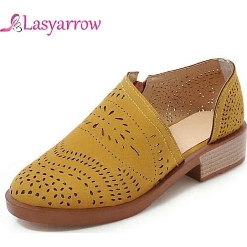 Lasyarrow Vintage Pumps Sexy Cutouts Womens Shoes 2019 Spring Summer Retro Hollow Round Toe Thick With Casual Zipper Shoes J590
