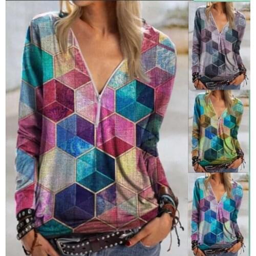 Street Trendsetter Geometric Cube Print V-neck Zipper Shirt Long Sleeve Retro Loose Hoodless T-shirt
