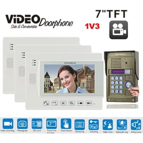 ZHUDELE Intercom Doorbell Wired Video Door Phone System 3X7"Luxury LCD Monitor with SD Card +1XHD 700TVL FRID Camera In Stock