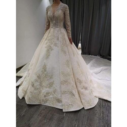 Vintage Long V-Neck Lace Beaded Wedding Dresses with Sleeves A-Line Tulle Bridal Gowns for Women Real Photos
