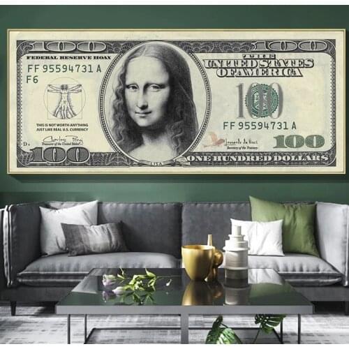 Funny Art Mona Lisa A Hundred Dollar Bill Wall Art Pictures Canvas Paintings Posters and Prints for Living Room Decor