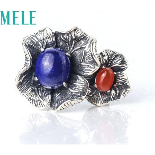 Natural Lapis lazuli and red agate rings for women,925 sterling silver fashion vintage big petal-shaped statement trendy jewelry