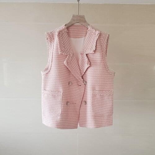 2021 Vintage Plaid Tweed Vest Jacket Womens Autumn Sweet Temperament Pearl Button Double Pocket Sleeveless Vest Top