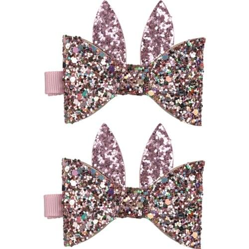 1Pair=2pcs Blingbling Bunny Hairpins Girls Sequin Pink Bows With Double Prong Clips Childrens Hair Accessories