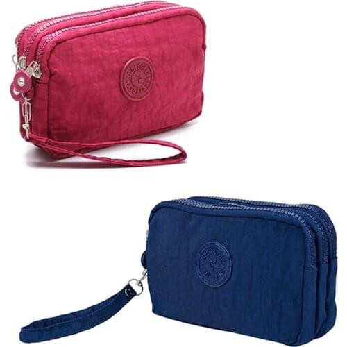 2 pcs Small Wallet Washer Wrinkle Fabric Phone Purse Three Zippers Portable Make Up Bag-Rose Red & Dark Blue