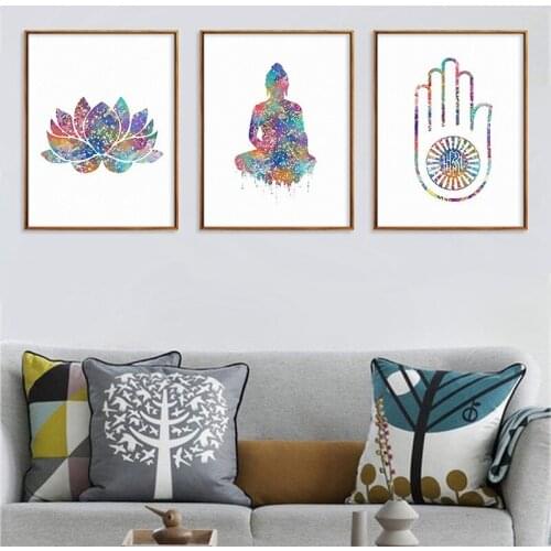 Abstract Watercolor Buddha Statue Colorful Lotus Canvas Painting Zen Painting Modern Home Living Room Decoration Wall Art