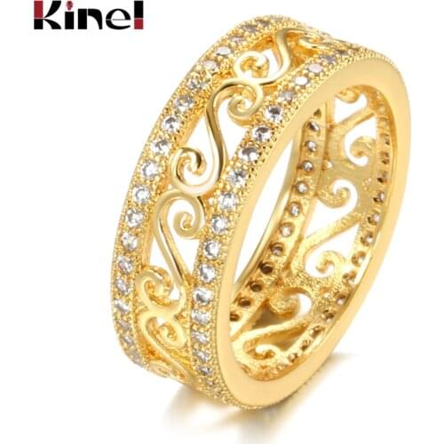 Kinel New Arrivals 18K Real Gold Ring Double Row Micro-wax Inlay Natural Zircon Hollow Rings Women Wedding Party Fine Jewelry