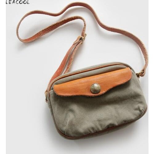 LEACOOL Vintage Genuine Leather Shoulder Bag Unisex Functional Canvas Mobile Phone Bag Men Casual Messenger Bag