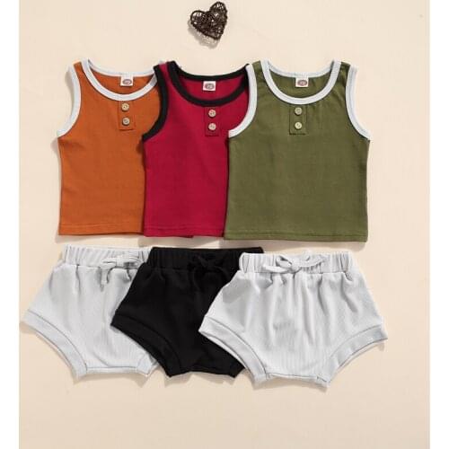 Summer Little Girls Boys Outfit Set Toddlers Creative Color Matching Round Collar Sleeveless Vest + Solid Color Shorts Sets