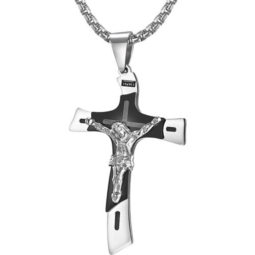 Multi-Layer Jesus Necklaces Cross Pendant Stainless Steel Chain Link Necklace for Men Him Religious Jewelry