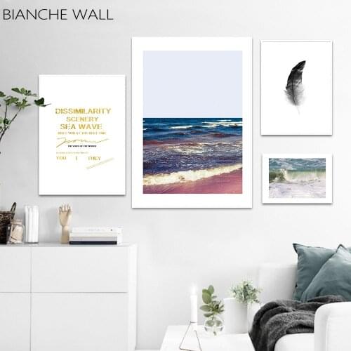 BIANCHE WALL Nordic art Sea Wave Feather Landscape Canvas Wall Art Poster Nature Print Painting Decorative Picture Decoration