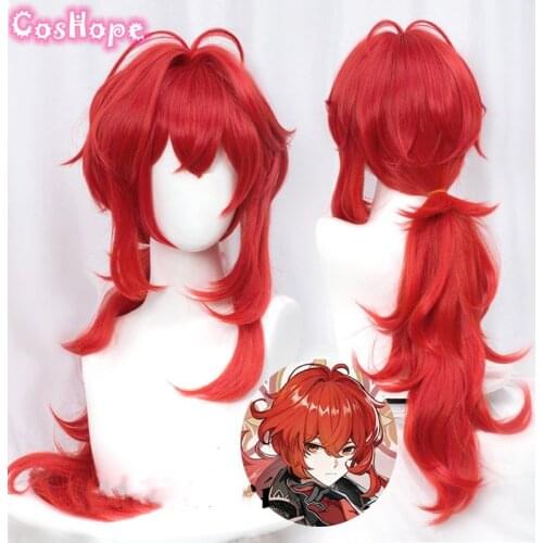 Genshin Impact Diluc Cosplay 60cm Long Red Wig Cosplay Anime Cosplay Wigs Heat Resistant Synthetic Wigs Halloween
