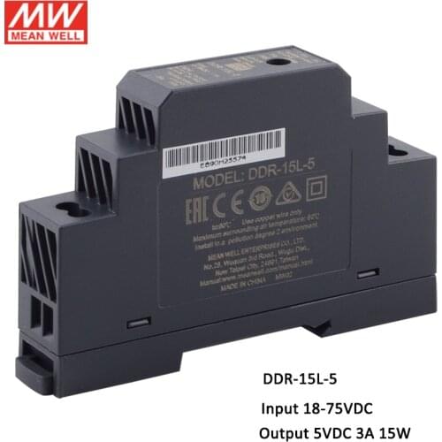 MEAN WELL DDR-15L-5 15W DIN Rail DC-DC Converter Input 18-75V DC to 5V DC 3A 15W meanwell Power Supply(24/48Vdc to 5Vdc)