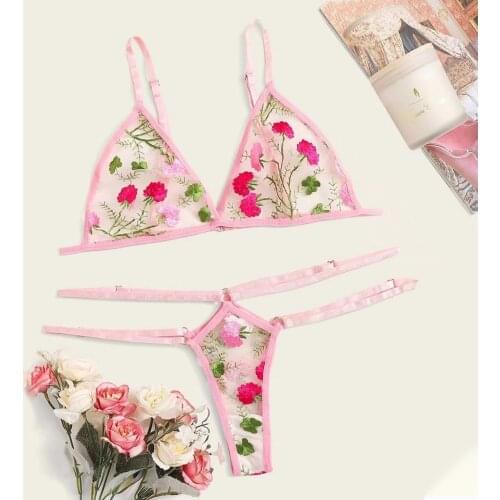 Sexy Lingerie Set Women Floral Embroidery Transparent Lace Bra Thong Sexy Underwear Set Lenceria Sensual Mujer Exotic Costumes