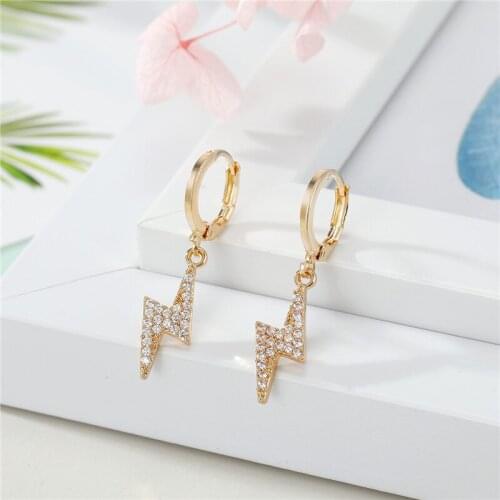 1Pair Shiny Rhinestone Lightning Cross Hoop Earrings For Women Gold Color Zircon Hollow Star Pendant Small Stud Earrings Jewelry