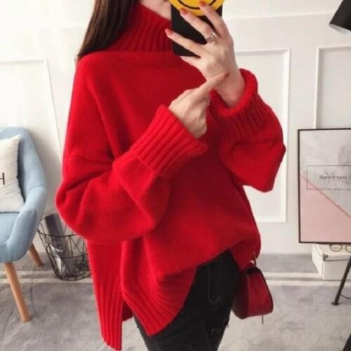 Fashion Thick High Collar Red Pink Knitted Sweater Women Tops Autumn Winter Loose 3 Color Knit Turtleneck Pullover Ladies Jumper