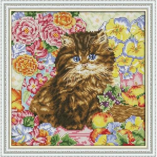 Cat In The Flower Cross Stitch Patterns Animal 14CT 11CT Counted Printed Fabric Aida DMC DIY Handmade Embroidery Needlework Sets