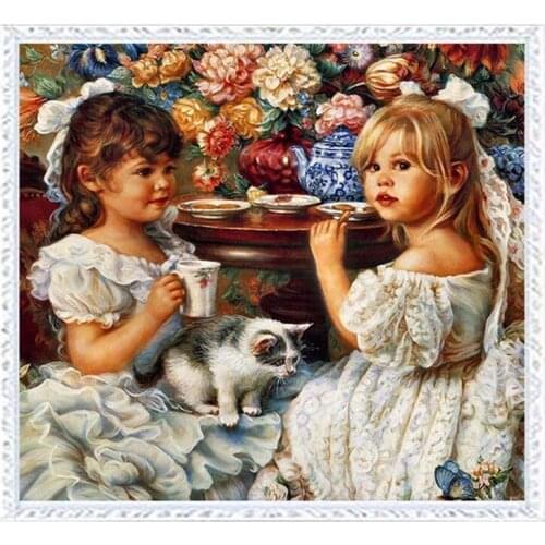Needlework,Embroidery,DIY Sweet Girl Cute and Cat 14CT Unprinted Cross stitch kit,Art People Pattern Cross-Stitching decor
