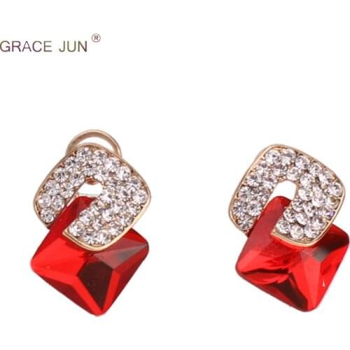 Top Quality Rhinestone Crystal Gold Color Geometric Shape Clip on Earrings Non Piercing for Women Luxury Fashion Earrings Bijoux