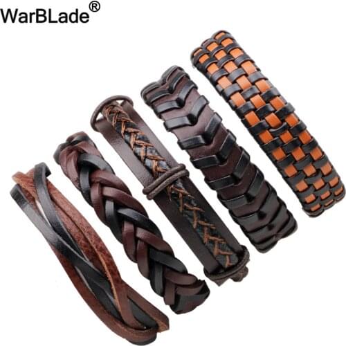 WarBLade New Fashion Men Jewelry Genuine Leather Bracelets Multilayer Charm Bracelet Bangle Punk Wrap Wristband For Women 5pcs