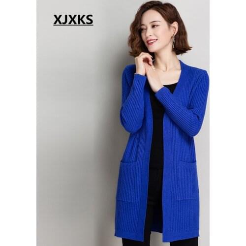 XJXKS 2020 autumn winter new loose plus size wool knitted long cardigan women sweater jacket casual women long coat