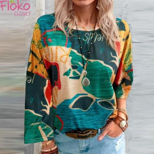 Flokocloset Causal Print Long Sleeve Graphic T Shirts Loose O-Neck Bashic Tee Tops Women 2021
