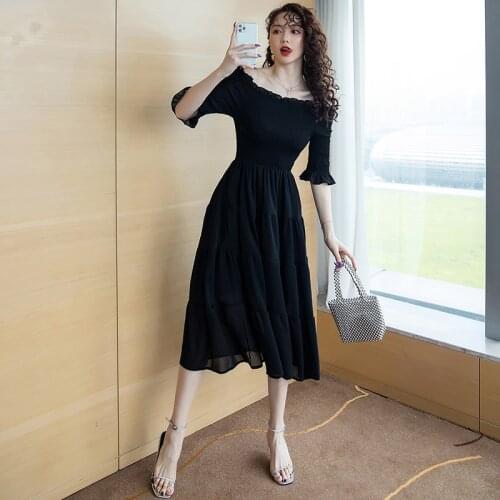 2021 Casual Short Sleeve Off shoulder Chiffon Midi Dresses Temperament elegant solid Women Summer Dress Vestidos