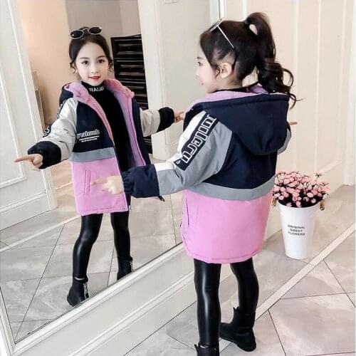 Winter Children Outwear Girls Jackets Hooded Cotton Plus Velvet Thicken Warm Color Matching Coat For Kids Clothes Tops 4-13Years